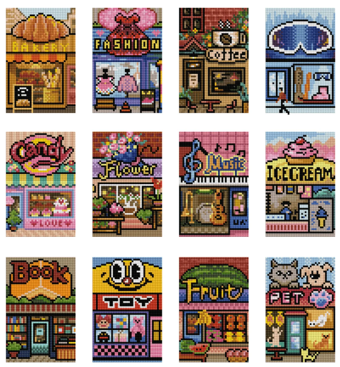 FOREVERYOUNG 5D Diamond Painting Cards Set, 12 Unique cartoon Shop Front Designs. Size: 17.8cm × 12.7cm (7in × 5in).