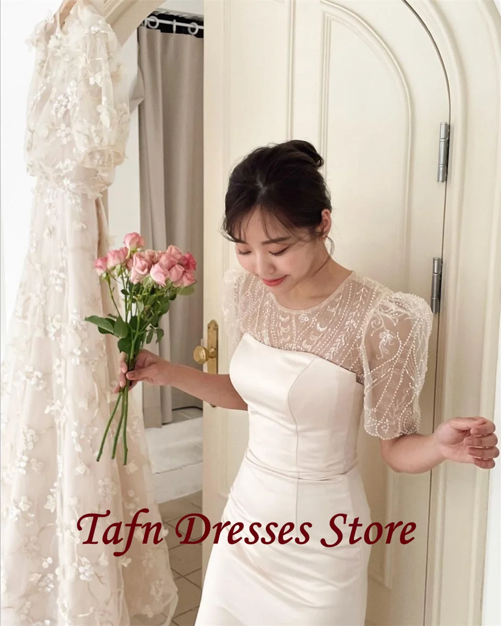 TAFN O-Neck Short Sleeves Wedding Shooting Dresses Mermaid Modest Bridal Gown Elegant Floor-Length Reception Dresses