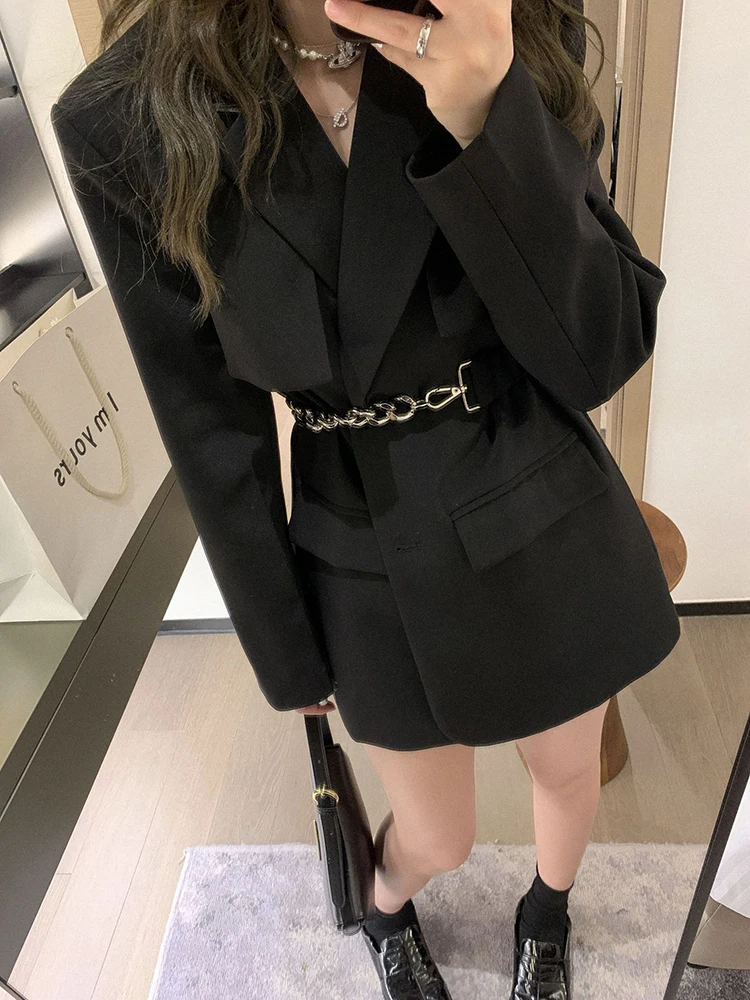 LANMREM Korean Fashion Blazer Coat For Women Single Breasted Long Sleeves Metal Belt Coats Female Clothing 2024 New 2YA1106