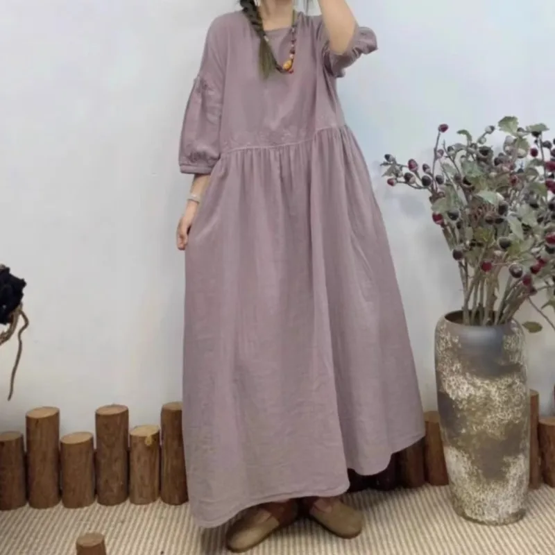 Johnature Vintage Embroidered Cotton Dress   Summer New Japanese Simple Loose 6 Colors Women Dresses
