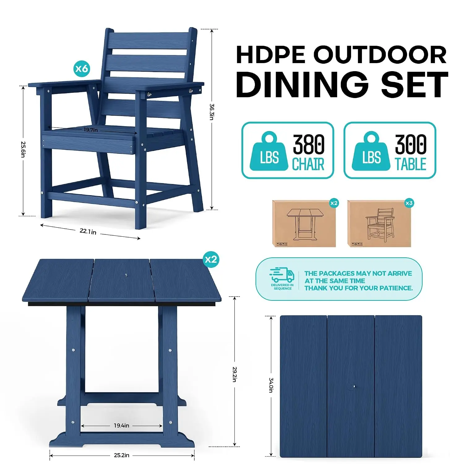 HDPE Outdoor Dining Set for 8, Weather-Resistant Patio Furniture, Navy, Customized