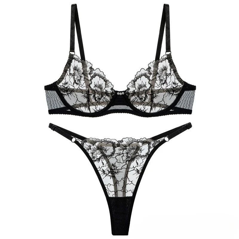 

Sexy Lace Floral Embroidery Lingerie Set French Style Ultra-thin Erotic Underwear Women Thin Anti Sagging Bra Brief Set Everyday