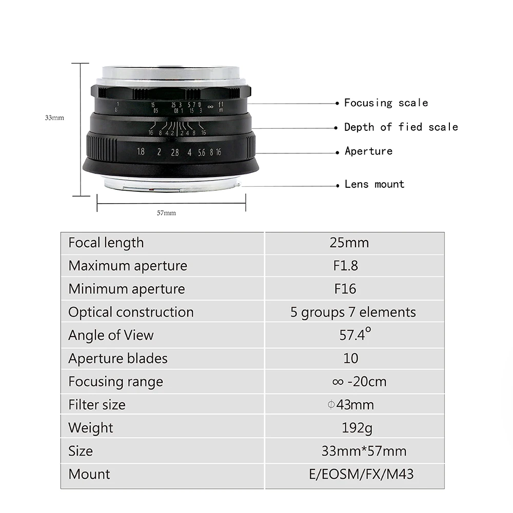 Brightin Star 수동 초점 프라임 미러리스 카메라 렌즈, 소니 E, 캐논 EF-M, 니콘 Z 후지필름 M43, 25mm F1.8 광각 APS-C