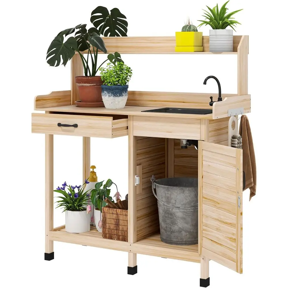 

Верстак для сада на открытом воздухе с раковиной, хранилищем и съемными аксессуарами для раковины