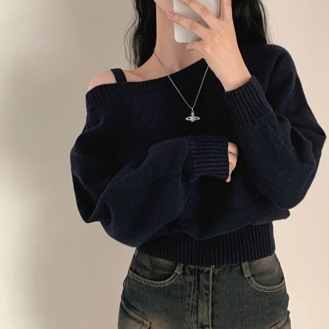 

Women's Batwing Sve Knitted Sweater Single oulder Strap n Sle Faionable And Comfortable Polyester Blend