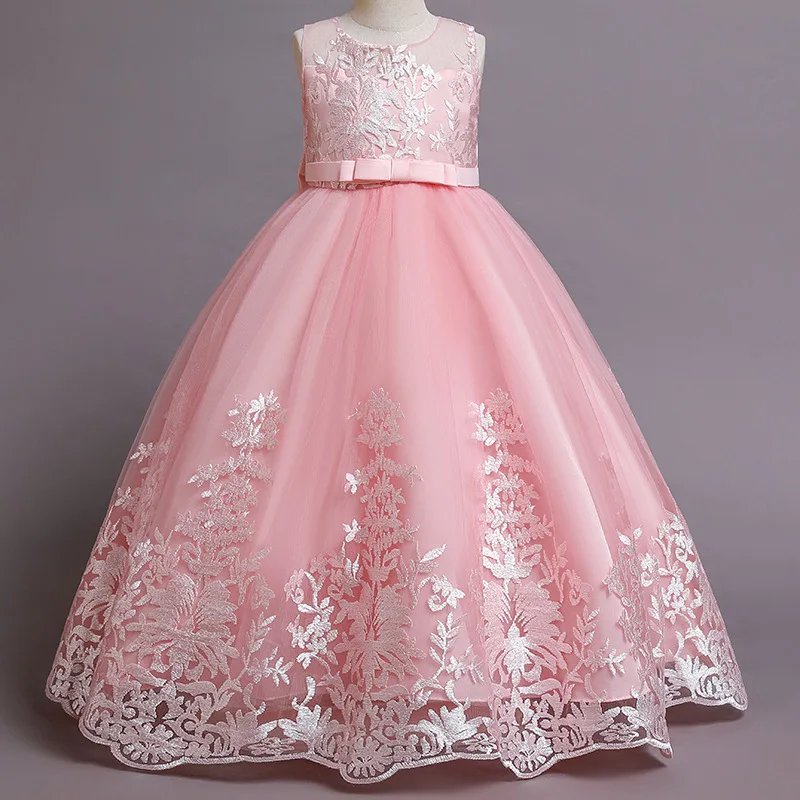 Children Clothing Long Solid Color Embroidery Wedding Party Birthday Evening Dresses For Girls Host Performance Costume 4-12 Age