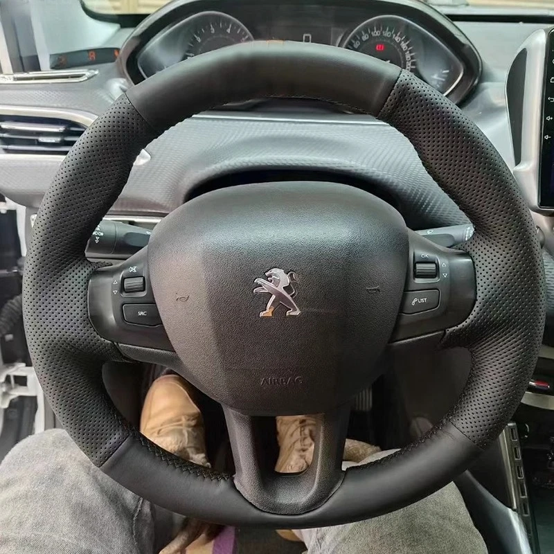 

100% Fit For Peugeot 208 2008 2014-2018 Hand Stitched black Genuine Leather non-slip Car Steering Wheel Cover