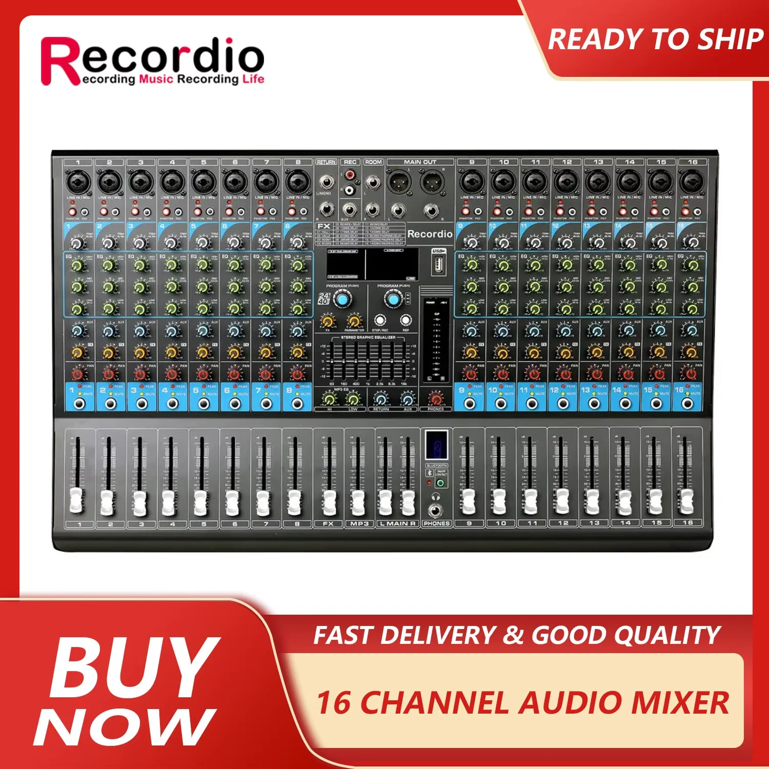 GAX-GL16 16-Kanal-Mixer, USB-Bühne, Karaoke, Konferenz, Hochzeit, Effektprozessor, Mischpult mit 48 V Phantomspeisung für DJ