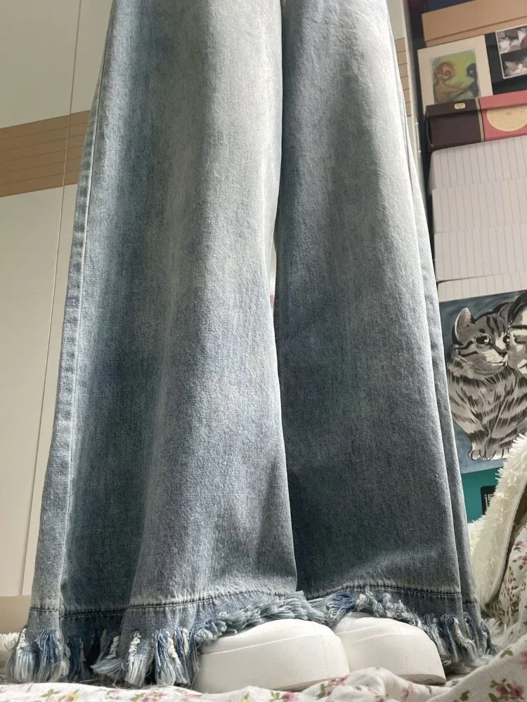 ジーンズ レディース 春秋 バギー パンツ デニム ワイドレッグ トレンド タッセルデザイン 無地 レトロ オールマッチ ハイウエスト ヴィンテージ カジュアル