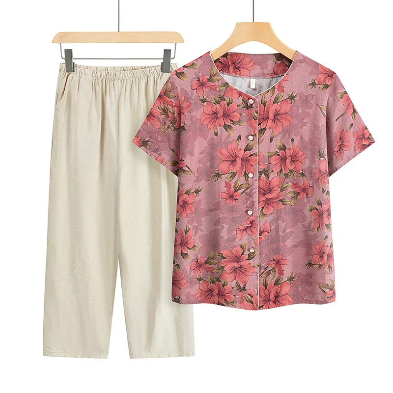 Conjunto de pijama feminino de duas peças, cardigã com gola redonda, tamanho grande, roupa caseira para mãe de meia idade, verão