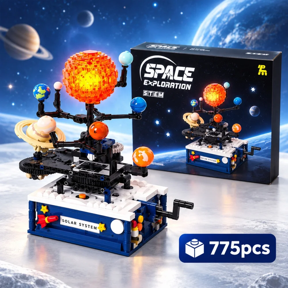 Technical Rotating Solar System Globe Blocks, Gear Linkage Cosmic Space Exploration Tabletop Decor, Science Educational