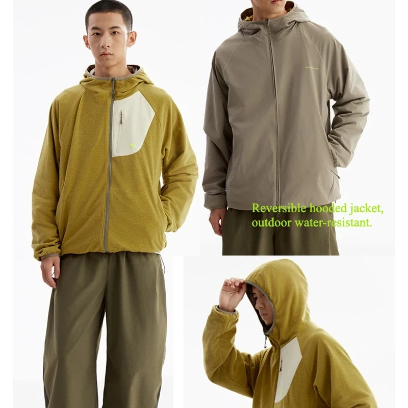 Men's Reversible Fleece Hooded Jacket Water-Resistant & Breathable Outdoor Short Coat with Color Block Design Unisex