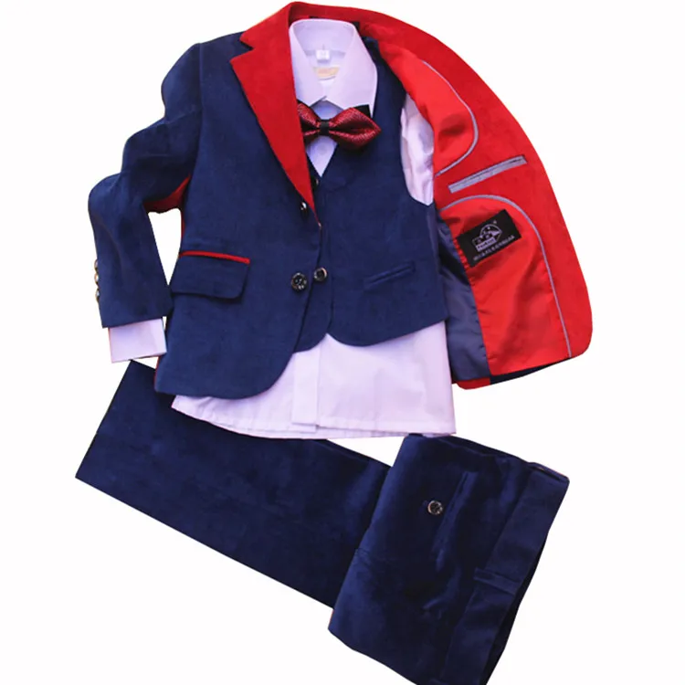 

Children Formal Jacket Wedding boys Dress Suit 4 Pieces set high quality jacket+vest+pants +bow tie corduroy blue size 42-56