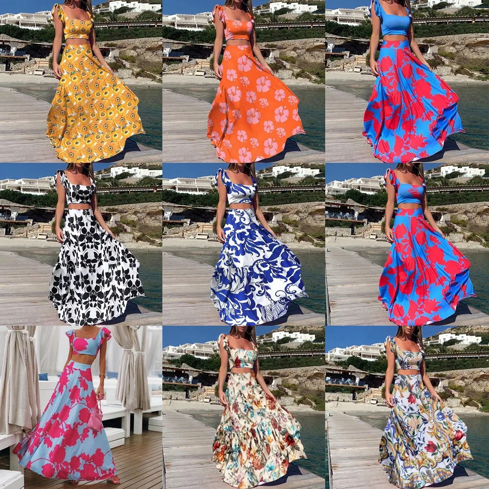 Bohemian Style Print Skirt Two Piece Set Women Sexy Cropped Top High Waist A-line Skirts Piece Sets Casual Vacation Lady Suits