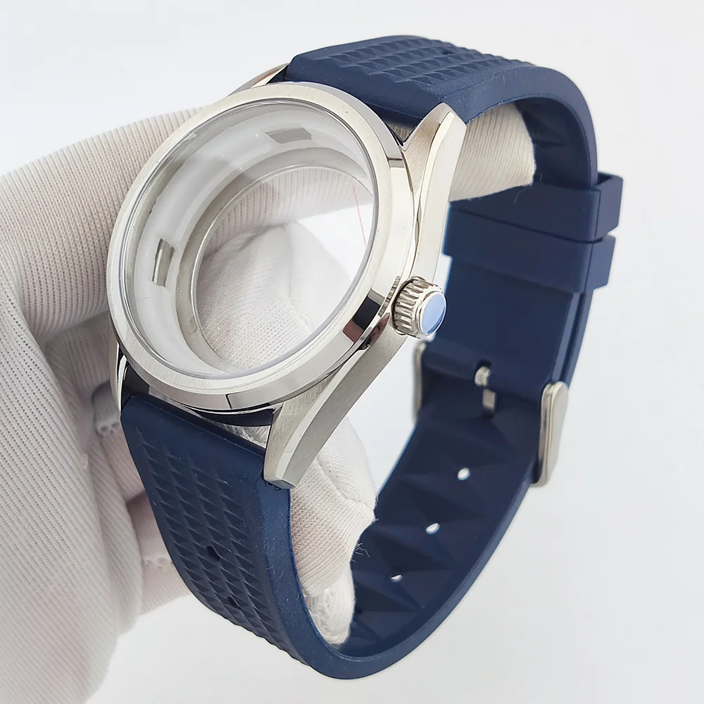 Custodia da 39 mm Custodia NH35 Custodia impermeabile in vetro zaffiro piatto Custodia con cinturino in caucciù Custodia da uomo di lusso adatta per custodia da 31 mm Custodia per orologio NH35