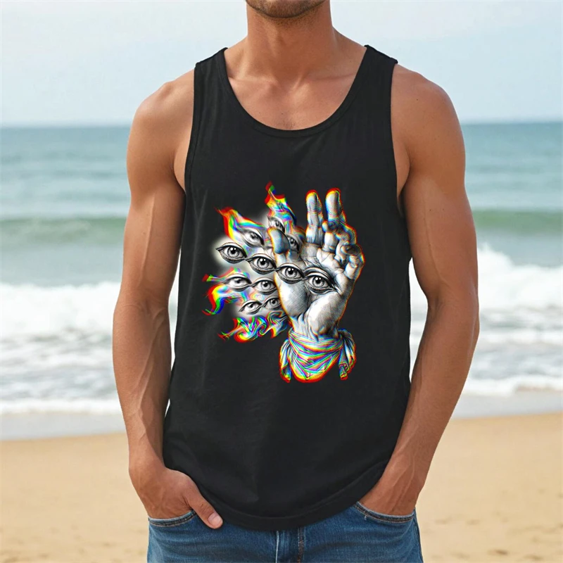 Men's Psychedelic Pattern Tank Top Streetwear Casual 3d Print Eye Graphic Vest Summer Oversized Popular Sleeveless Classic Tee