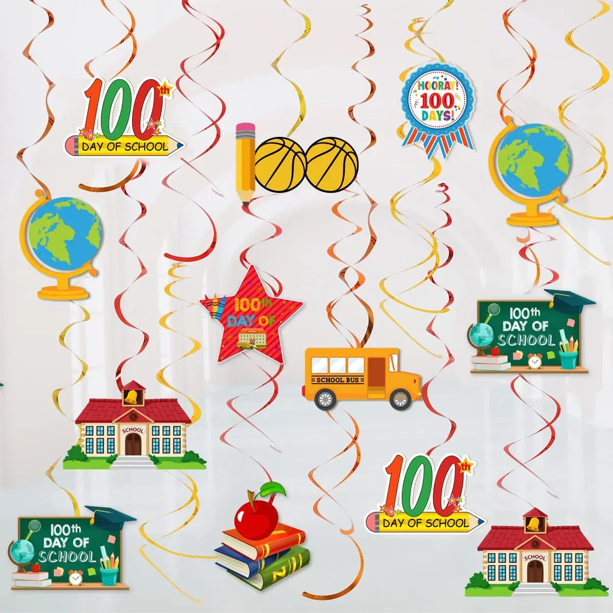 100th Day of School Hanging Swirls Happy 100 Days of School Celebration Party Favors with Double Spiral for Kindergarten School