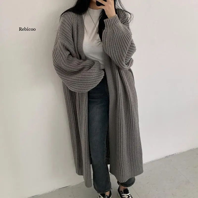 Cardigan Women Long Knitted Casual Vintage Loose Sweater Coat Solid Oversized Sweater Korean Fashion Female Cardigans 2021