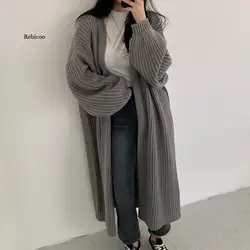 Cardigan Women Long Knitted Casual Vintage Loose Sweater Coat Solid Oversized Sweater Korean Fashion Female Cardigans 2021