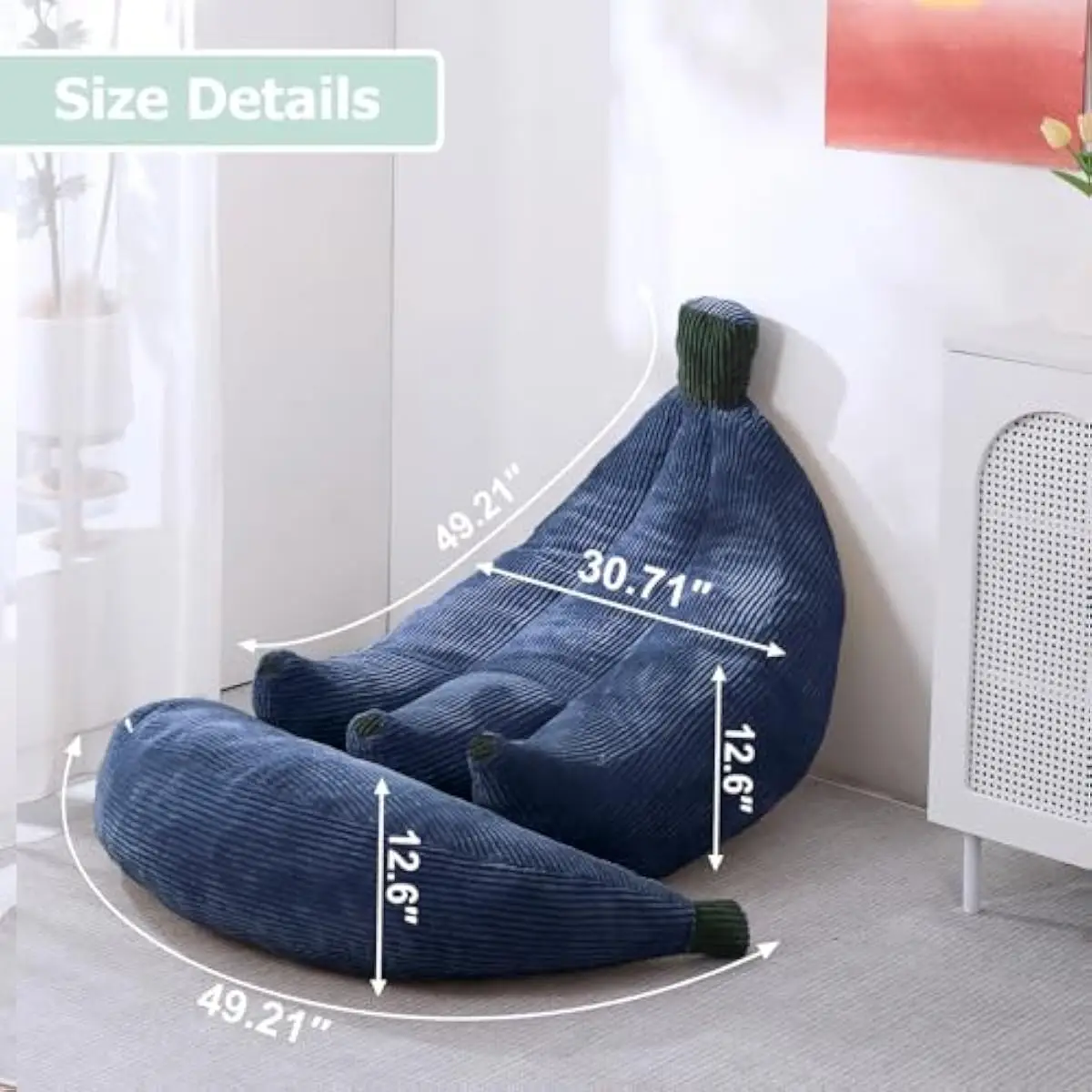Banana-shaped ergonomic lounge chair with integrated footrest, solid corduroy upholstery, dense foam and sponge fill, modern sil