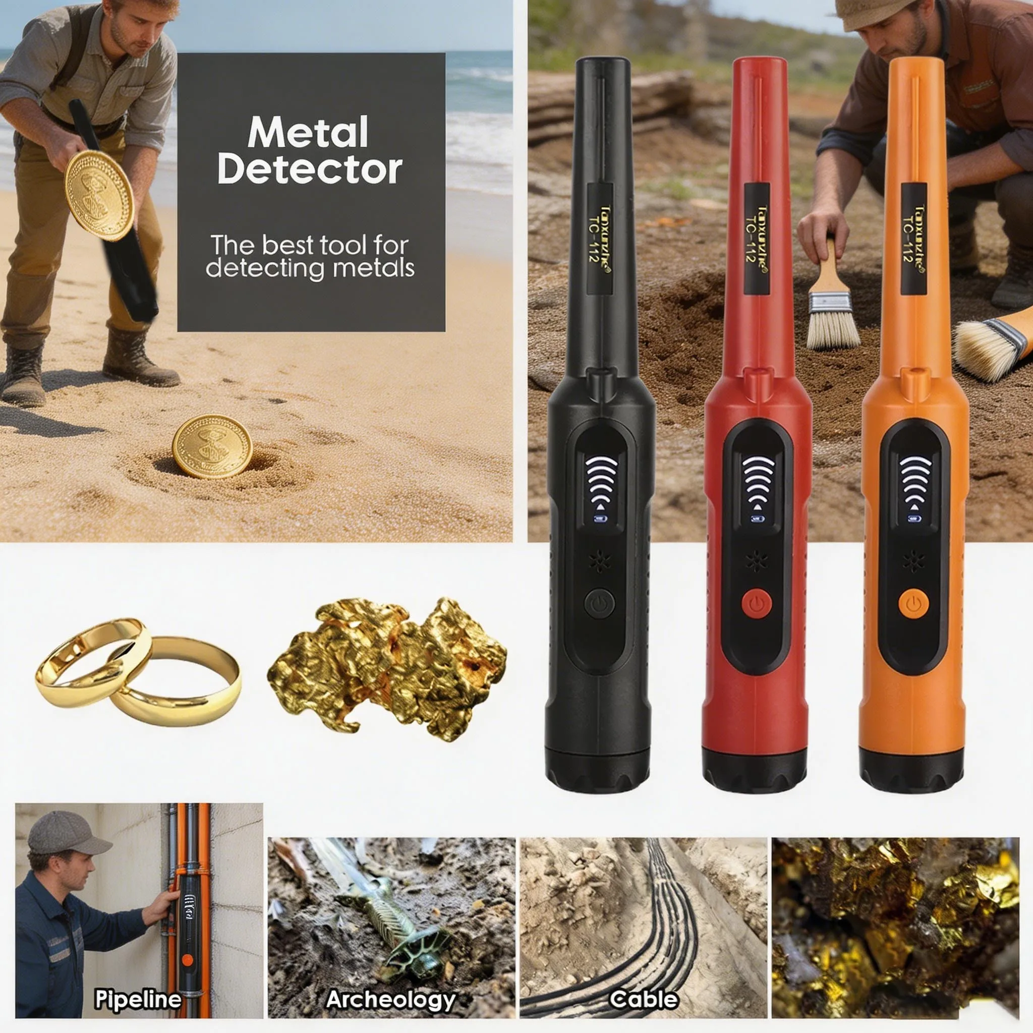 

360° Adjustable Probe Waterproof Metal Detector, High Sensitivity Design for Beach Ground Treasure & Jewelry Finding