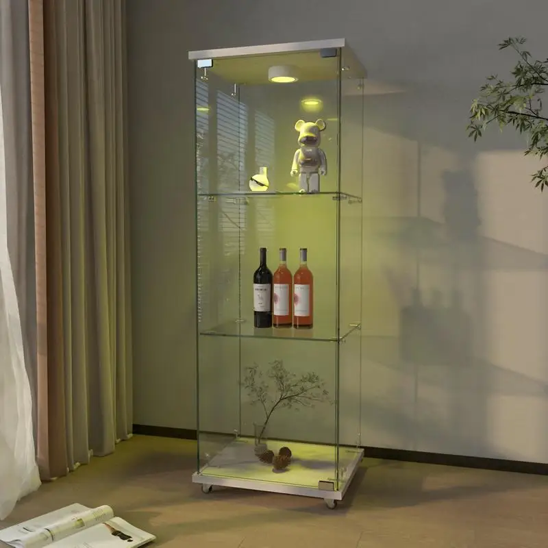 خزانة عرض زجاجية حديثة مع مصابيح LED، طراز عتيق سريع التجميع، رف كتب من الزجاج المقسى لغرفة المعيشة وغرف النوم،
