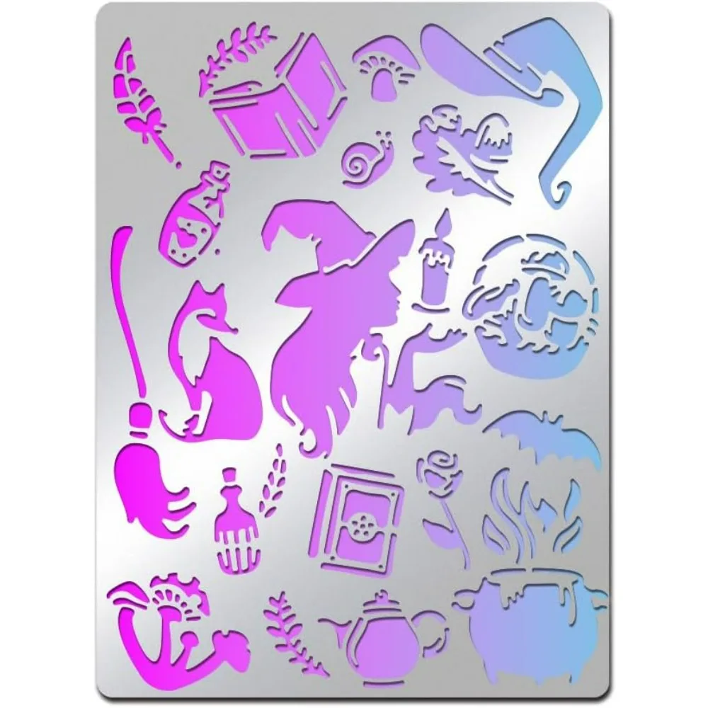 Halloween Witch Theme Stainless Steel Metal Stencils 5.5x7.5inch Stencil Template Journal Tool for Painting Wood Burning