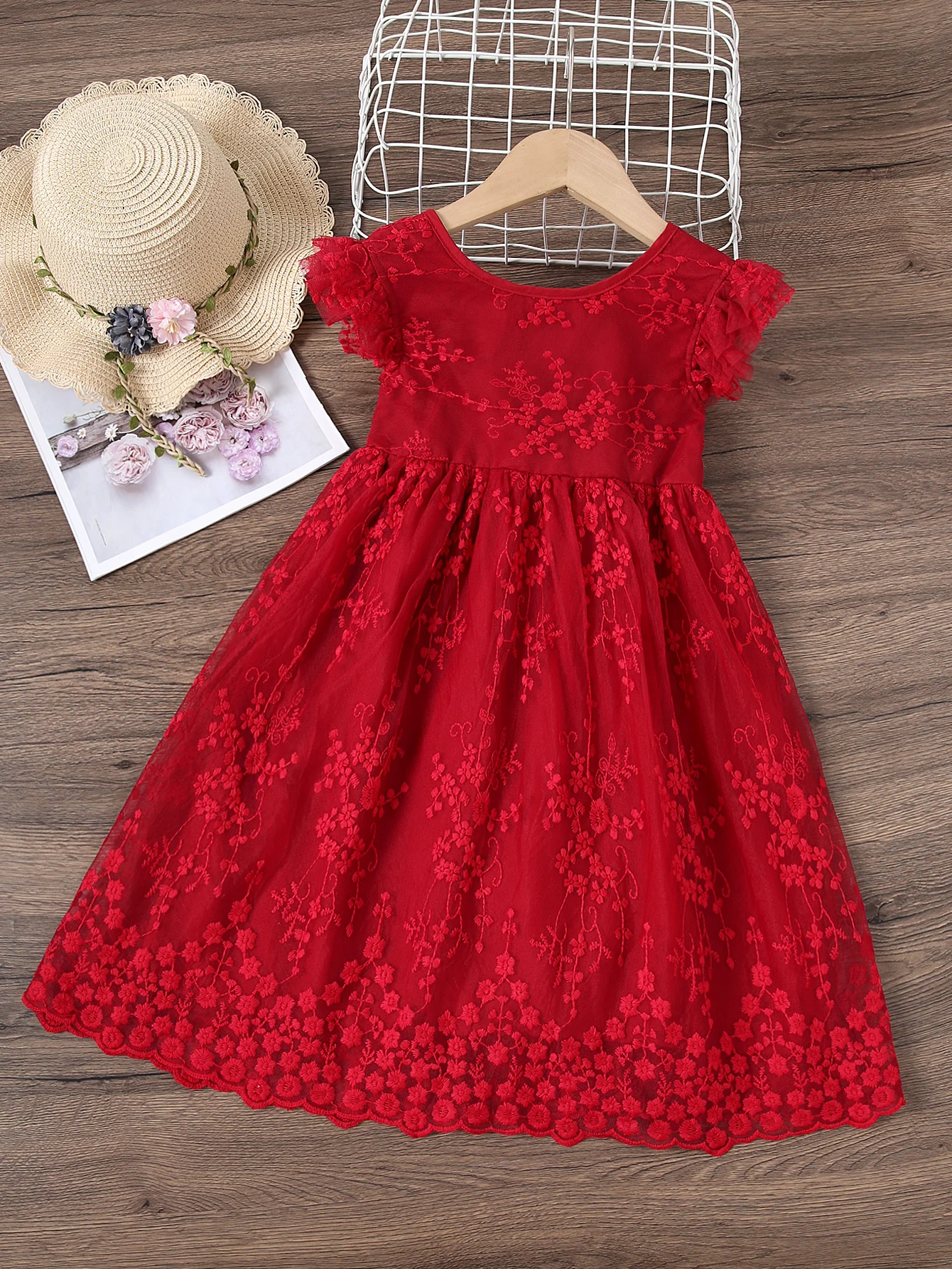

New Girls' Solid Color Lace Flower Flying Sleeve Butterfly Knot Zipper Western-Style Princess Dress Summer Lady Romantic Dress