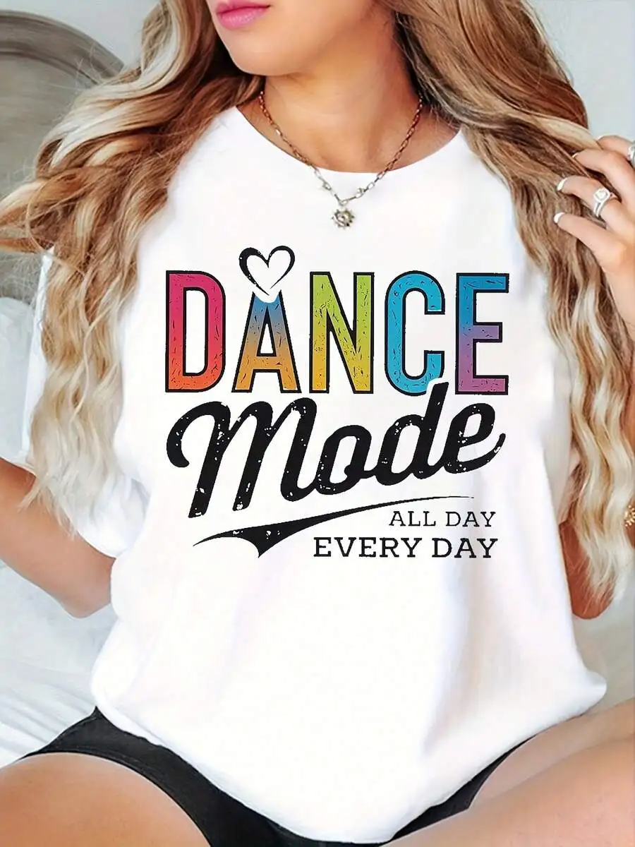 2026 New Arrival Women Casual Crew Neck T-Shirt DANCE Graphic Print Colorful Lettering Heart Design Soft Stretch Fabric Machine Wash Short Sleeve Basic Top T-Shirt