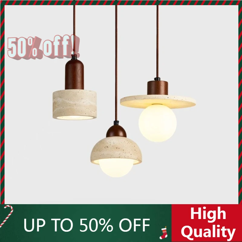 2026 Yellow Travertine LED Pendant Light Fixtures Balcony Study Porch Wood Wire Adjustable Hanging Lamp Lighting