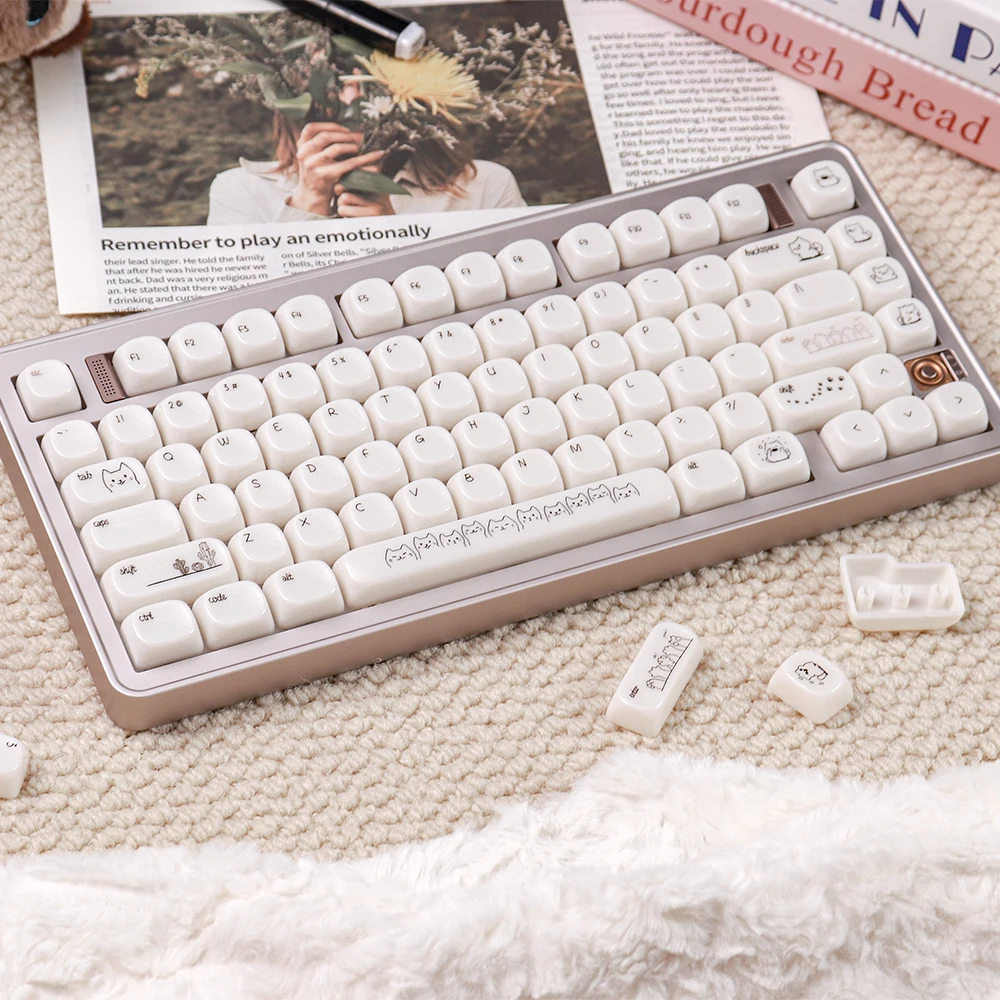 Sand Cat Glossy Keycaps MOA Profile Double Shot Keycaps Minimalist White Ceramic Texture Keycaps For MX Mechanical Keyboard Kit