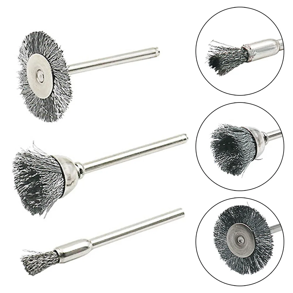 

Silver Wire Brush Wire Wheel Rotary Tool With Rod 3Pcs/Set Polishing Rust Removal Steel Brush Wire Wheel Derusting