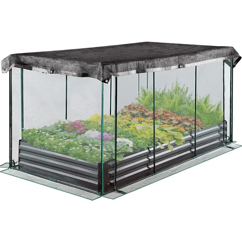 

Galvanized Raised Garden Bed 8x4x1 Ft with Crop Cage Plant Protection Net Tent and Shade Cloth Kit Metal Planter Box Bottomless