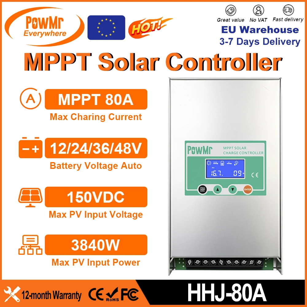PowMr 80A MPPT Solar Charge Controller 12V/24V/36V/48V Lead Acid Lithium Battery Regulator Max PV Input 1200W/2400W/3600W/3840W PV Voltage 20-150V 3 Stage Charger LCD Display Overheat Reverse Protection for Home RV Off-Grid Solar Power System