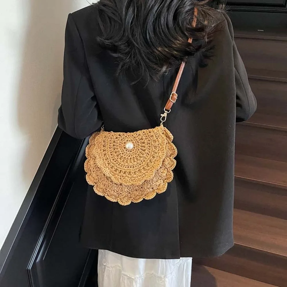 

Flower Edge Cotton Thread Woven Bag Retro Hollowed Out Ethnic Style Woven Bag Lightweight Large Capacity Straw Crossbody Pouch