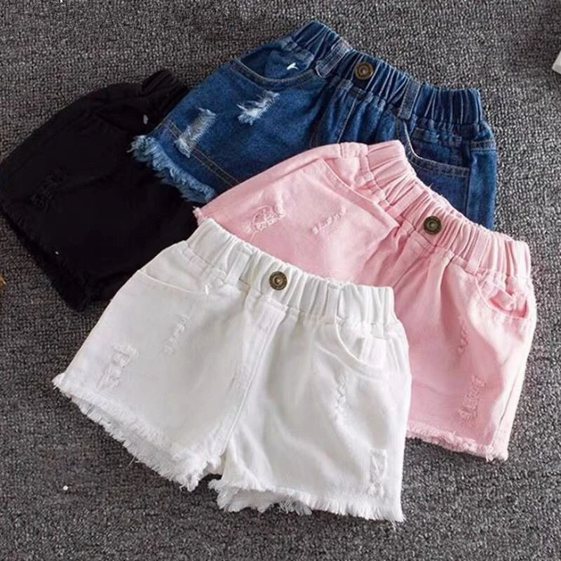 

2026 New Girls Shorts Outdoor Summer Versatile Stylish Big Kids White Frayed Ripped Children Denim Trendy, Clothing Collection