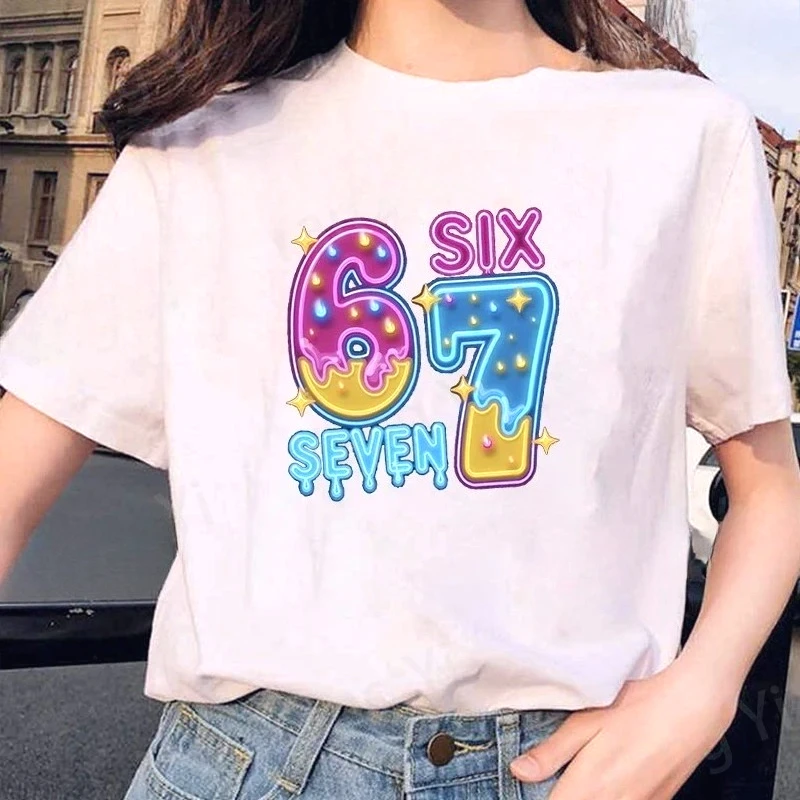Melting Graffiti Sweet and Cool Style Print Six Seven T-shirt Short Sleeve O Neck Loose Women Summer Cool Vintage Y2k Clothes