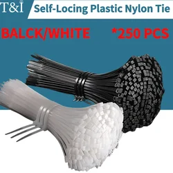 250 PCS Self-locking Plastic Nylon Cable Tie, Plastic Cable Zip Ties, 5X200MM White/Black Strong Snap TwineTie Wire Tie,Zip Ties