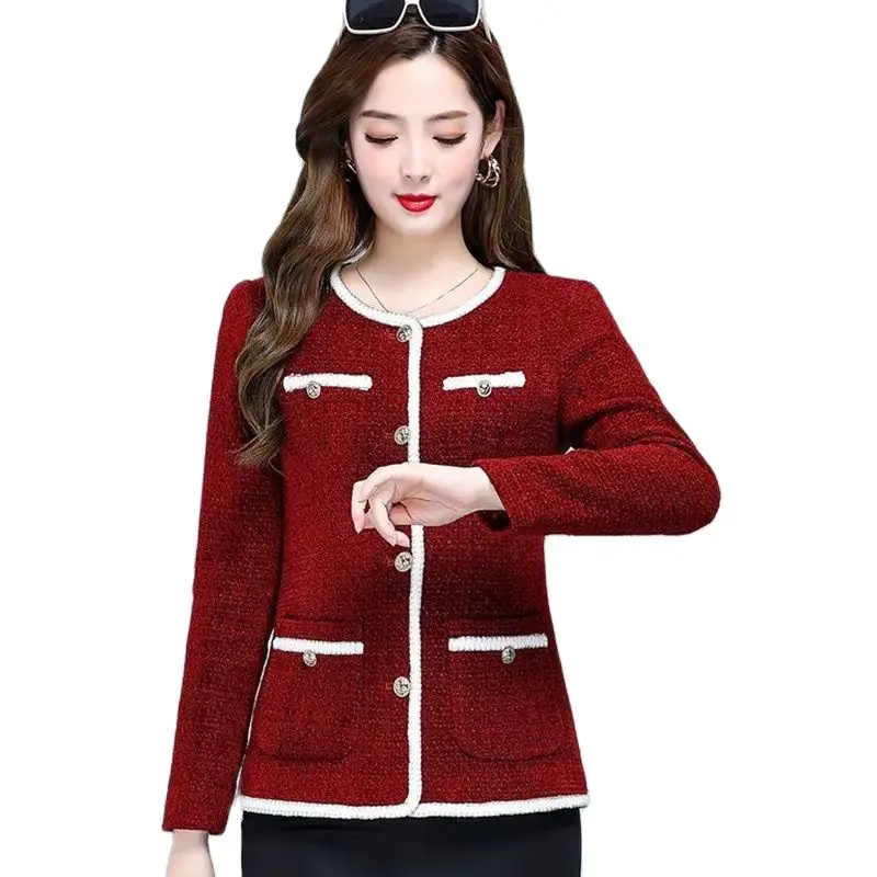 Spring Autumn Jacket Female Small Fragrant Wind Short Coat 2026 New Middle-aged Woman Tweed Woolen Coat Korean Fashion Tops 5XL