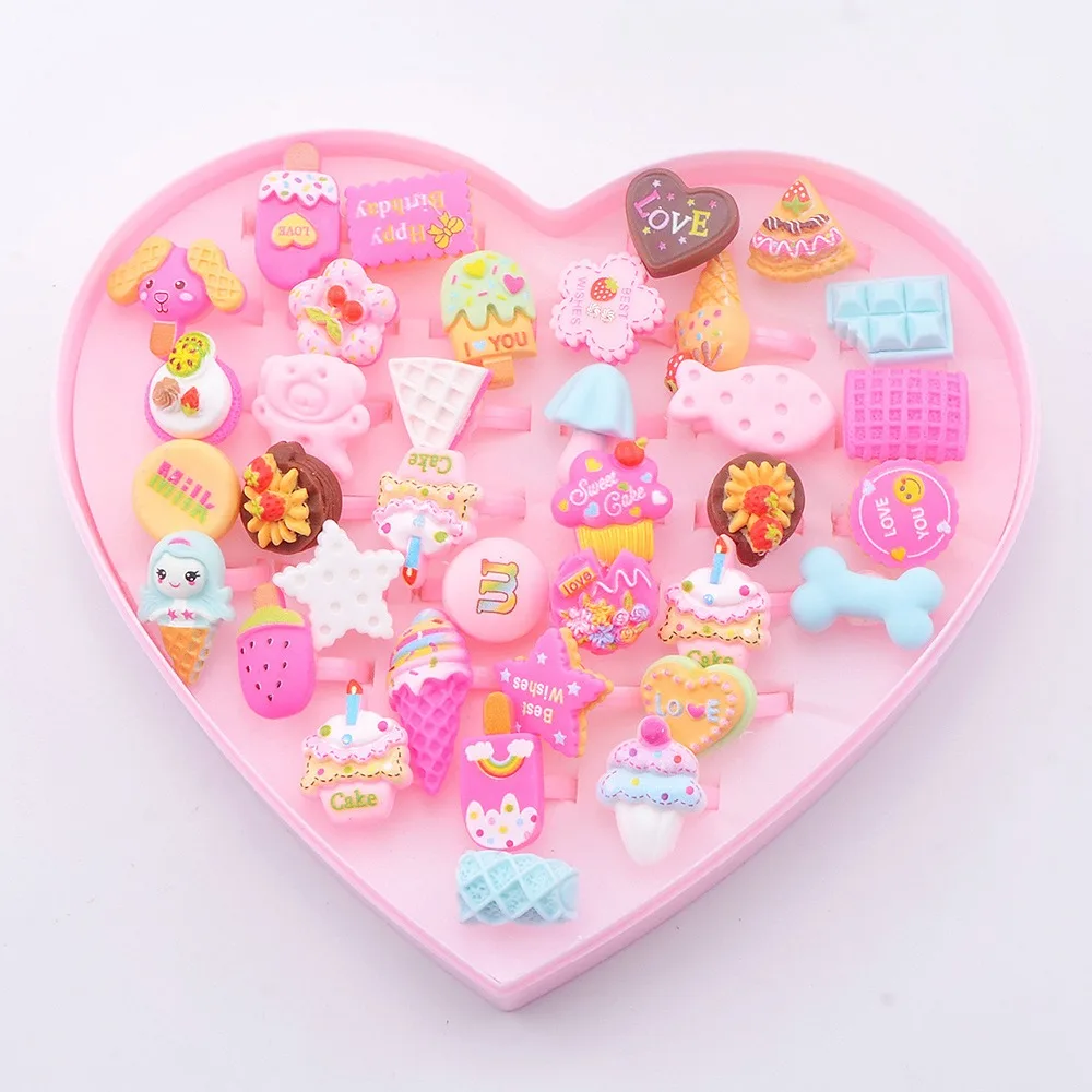 36Pcs Resin Children's Cartoon Rings Set Pink Animal Candy Flower Finger Rings Set Open Design Adjustable Kid Princess Ring