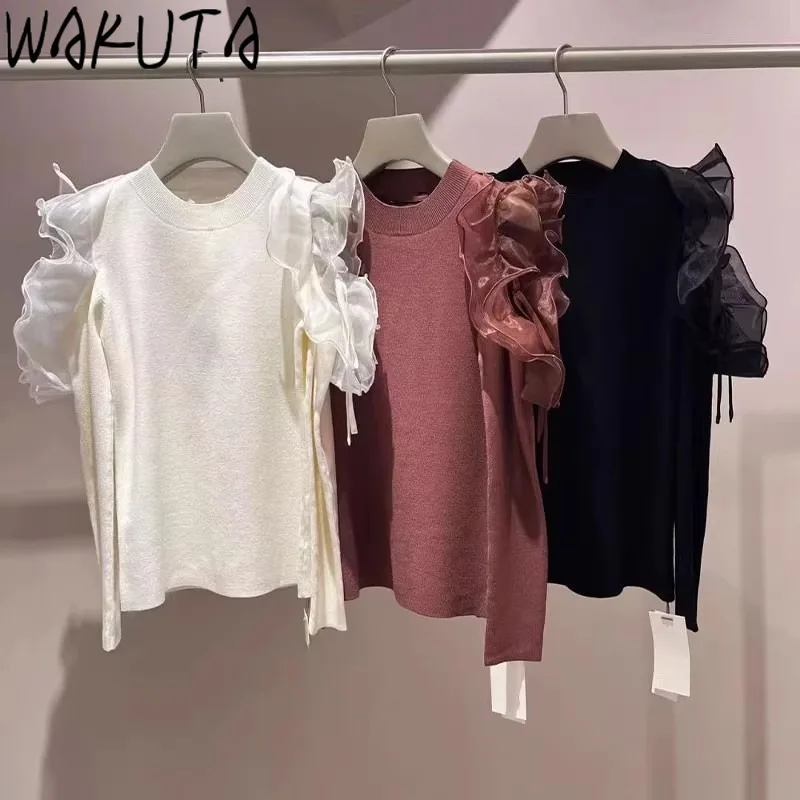 Wakuta O Neck Long Sleeve Sweet Fresh Jumper Shoulder Strapless Solid Elegant Fungus Pullovers Japan Knit Fashion Sweaters