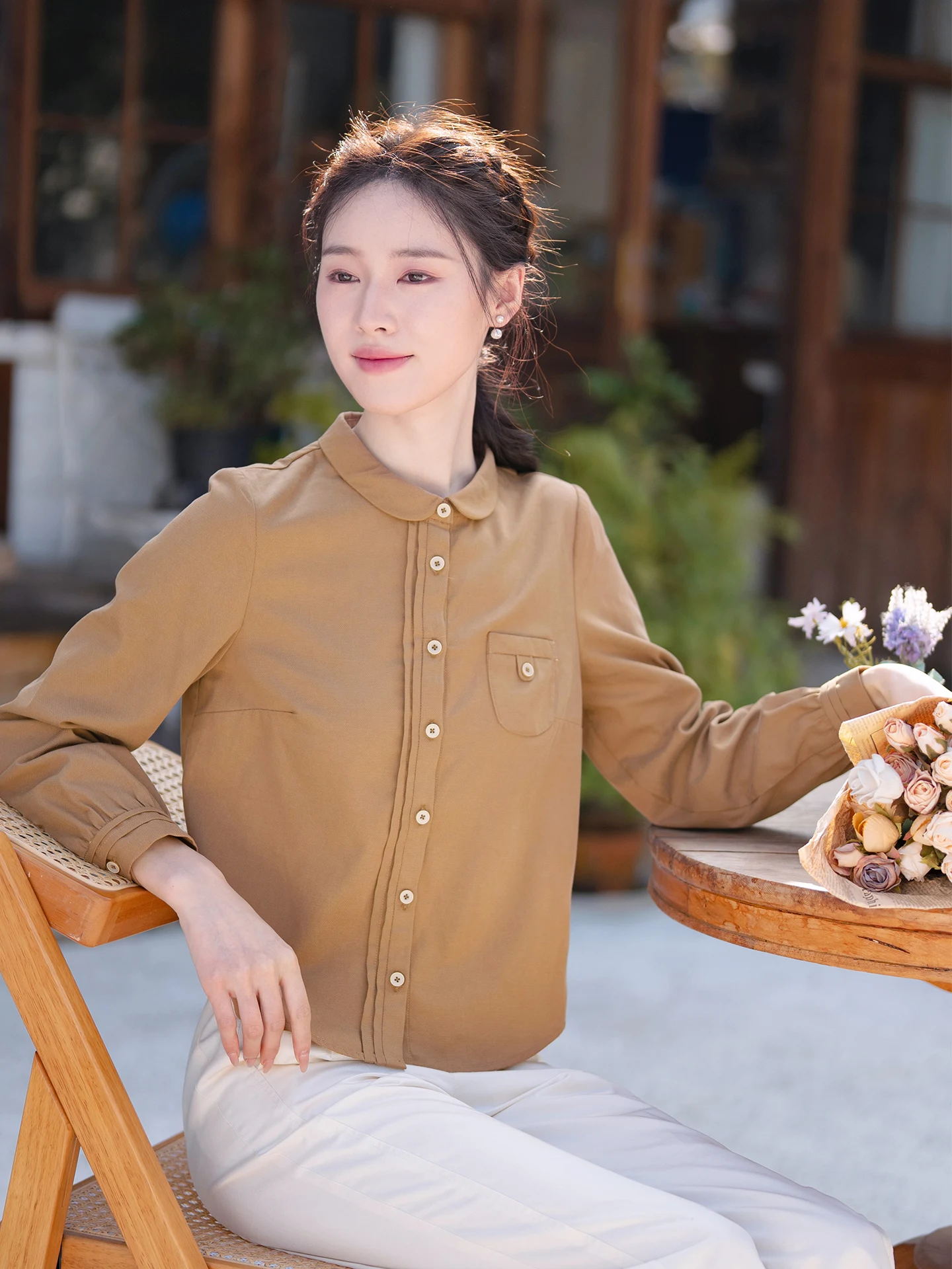 

Artistic Design Long Sve Caramel Colored Cotton irt Women's Faion Spring New Sle Versatile Stand Collar Top