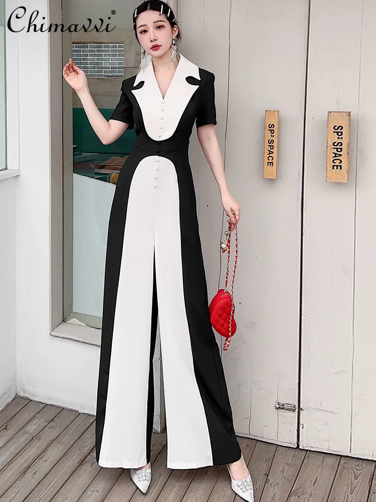 Women's Commuter Wide-Leg Pants High Waist Drooping Slimming Fashion Color Matching Elegant Goddess Style Jumpsuit Summer New