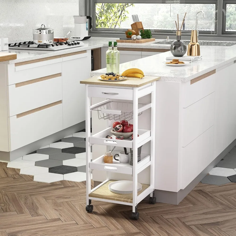 

Mobile Kitchen Cart, Rolling Kitchen Island with Storage, Solid Wood Frame Utility Cart with Wire Fruit Baskets