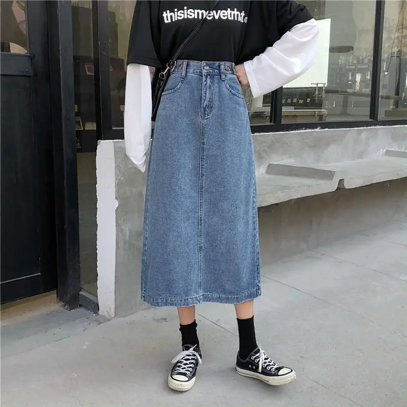 2024 Fashion Vintage Long Denim Skirts Woman Spring Summer High Waist Button Pockets Split Jeans Straight Maxi Denim Maxi Skirts