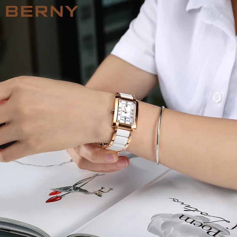 BERNY Women Quartz Watch Fashion Gold Female Clock Waterproof Relogio Feminino Birthday Gift Ceramic Bracelet Butterfly Buckle