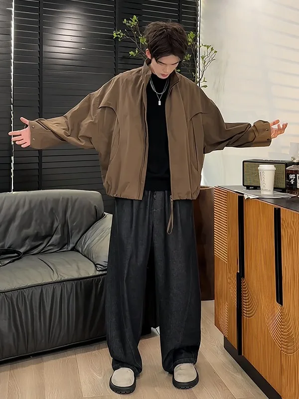 American Style Loose Fit Short Men's Jacket Knife Sleeve Student Fashion Casual Polyester Nylon Composite Fiber Coat