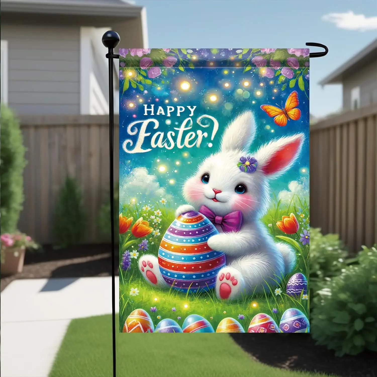 Happy Easter Garden Flag 12x18 Inch Double Sided Happy Easter Rabbit Bunny Garden Flag Floral Rabbit Colorful Easter Eggs Ya zzo