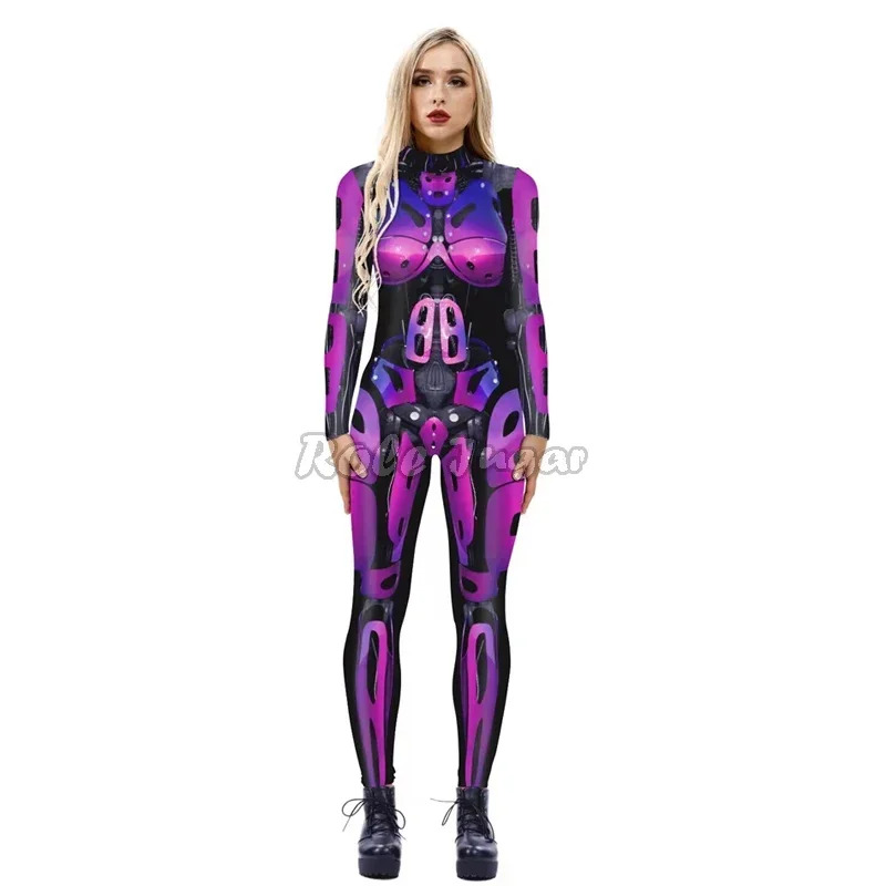 Robot punk jumpsuit sexy women cosplay costumes fancy Halloween party colorful printing skeleton bodysuit for men