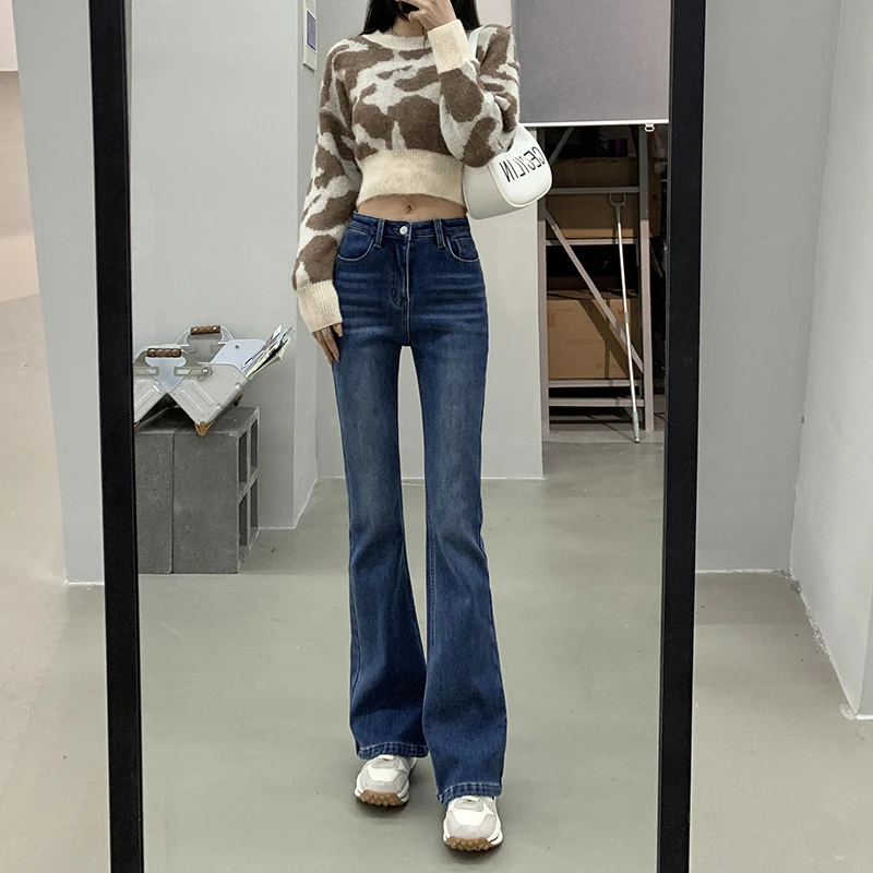Retro Fleece Lined Thickened Micro Flared Denim Jeans Women High Waist Slimming Long Draping Warm Winter Cotton Stretch Jeans